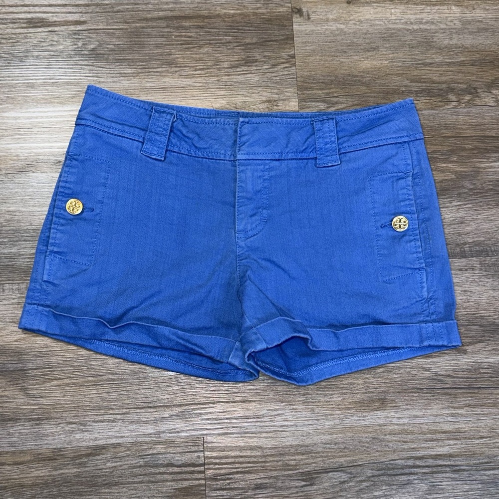 Tory Burch Bright Blue Low-Rise Cuffed Shorts Womens W26 Decorative Gold Logo